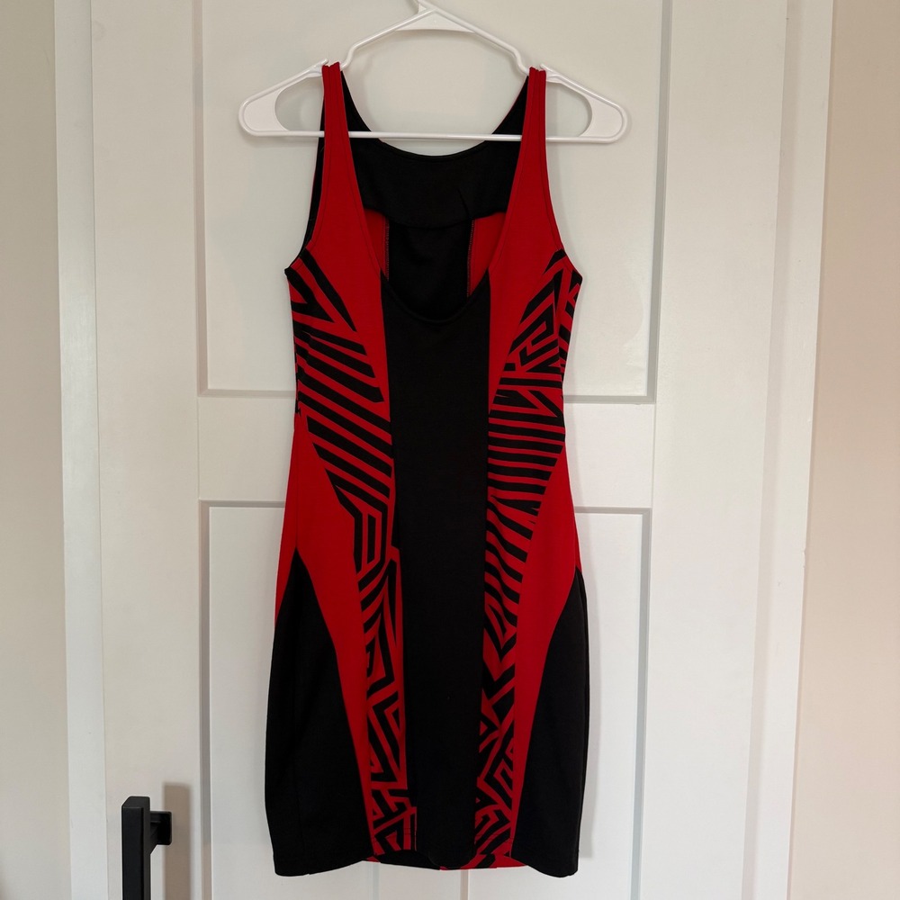 Kardashian Kollection Black Red Geometric Print Bodycon Mini‎ Dress Size S